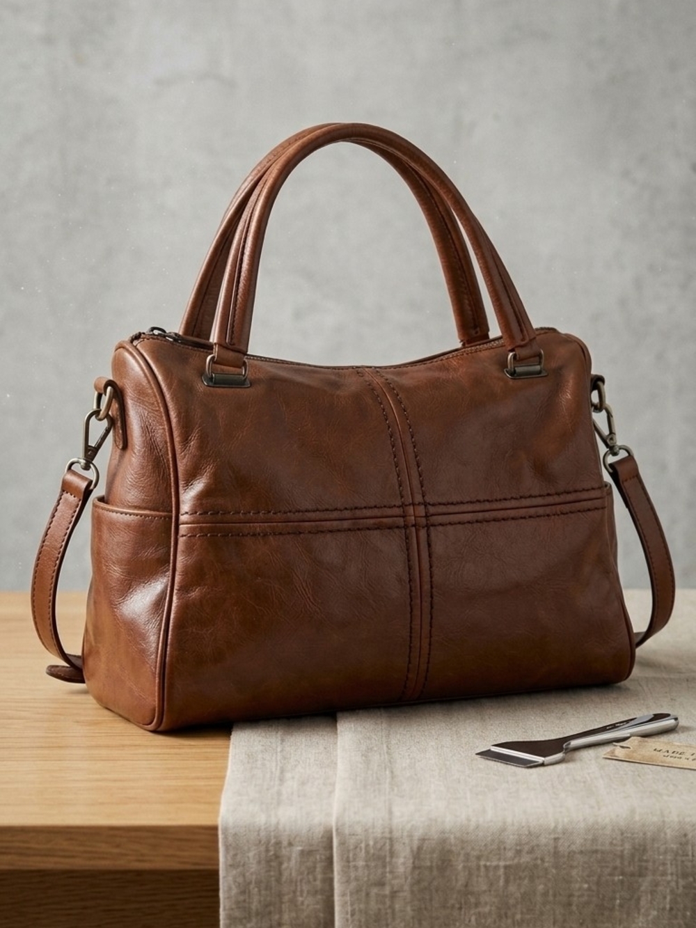 Antik Kraft Brown Leather Satchel with Detachable Strap - Picture 2 of 4